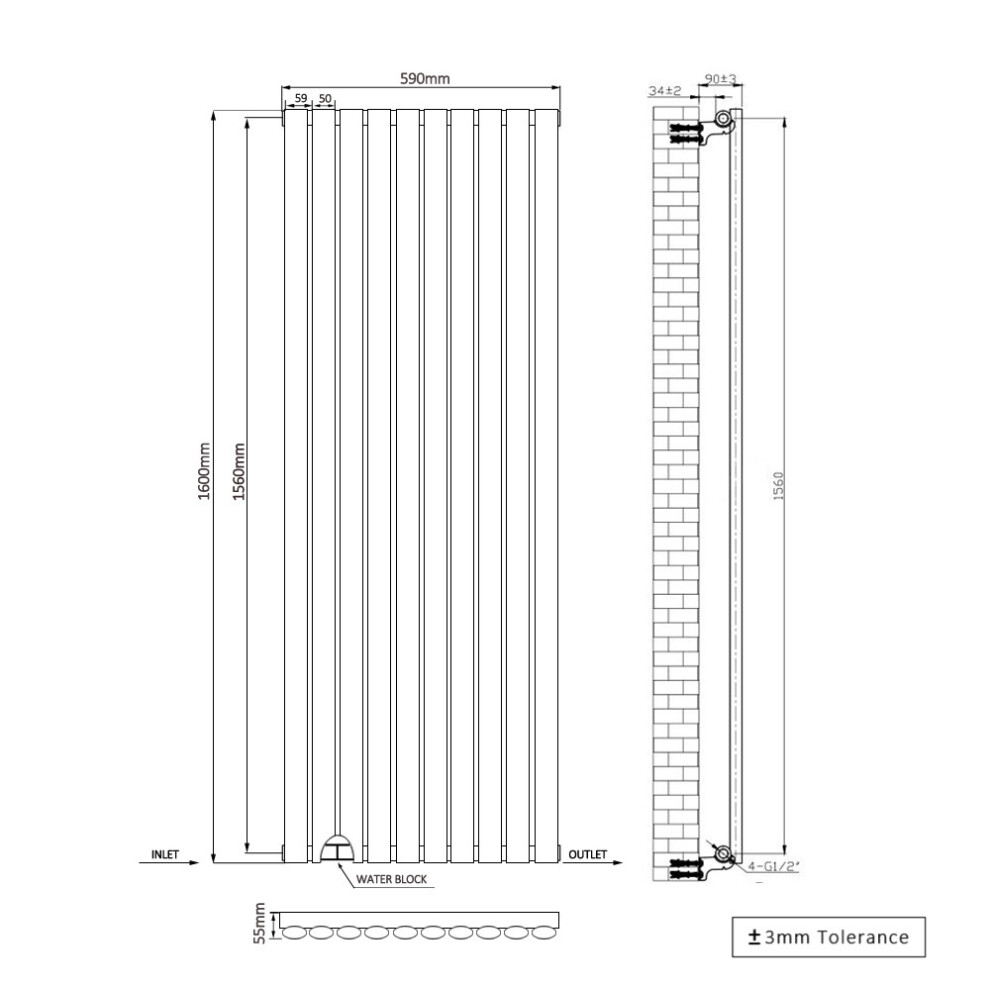 (1600X590mm) Right Radiators Vertical Single Oval Column Designer Radiator 5063123979368
