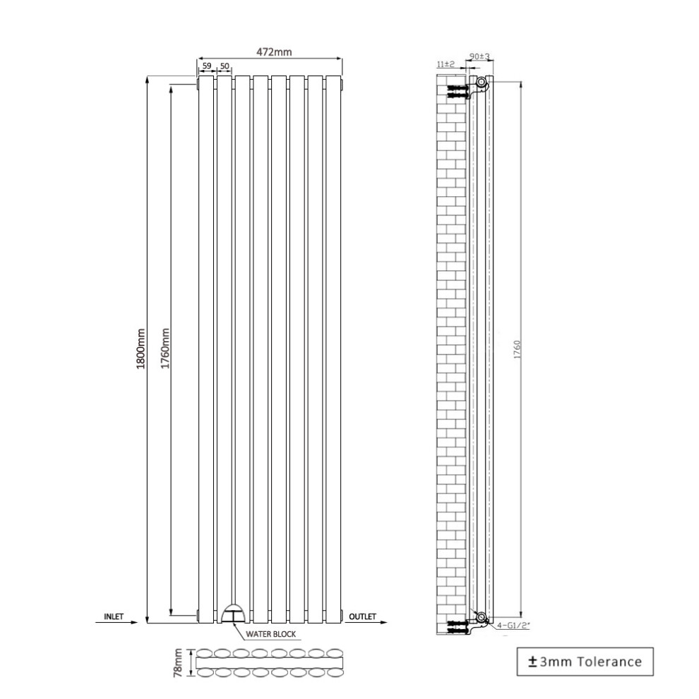 (1800X472mm) Right Radiators Vertical Double Oval Column Rads Designer Radiator Black With Angled Trv Thermostatic Valve 5063123992923