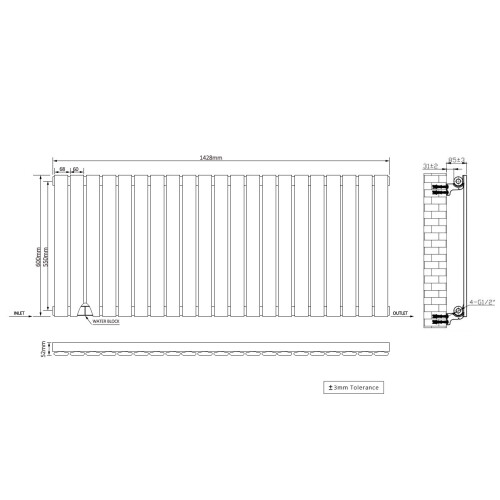 Right Radiators 600x1428 mm Horizontal Single Flat Panel Designer Radiator Black