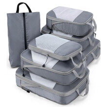 (Beige) Travel Compression Packing Cubes 7 Set, Luggage Portable Clothes Pants Organizer Bags