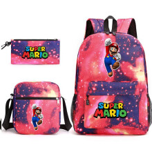 (Red, Three piece set) Super Mario Game Character Backpack Pencil Case Shoulder Bag 3-in-1 Canvas School Bag Student Backpack Multiple Styles