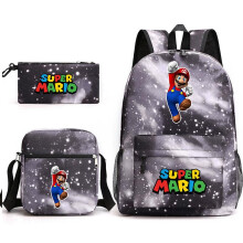 (Light gray, Three piece set) Super Mario Game Character Backpack Pencil Case Shoulder Bag 3-in-1 Canvas School Bag Student Backpack Multiple Styles