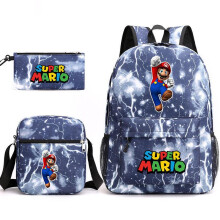 (Gray, Three piece set) Super Mario Game Character Backpack Pencil Case Shoulder Bag 3-in-1 Canvas School Bag Student Backpack Multiple Styles