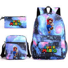 (Light blue, Three piece set) Super Mario Game Character Backpack Pencil Case Shoulder Bag 3-in-1 Canvas School Bag Student Backpack Multiple Styles