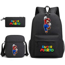 (Black, Three piece set) Super Mario Game Character Backpack Pencil Case Shoulder Bag 3-in-1 Canvas School Bag Student Backpack Multiple Styles