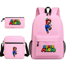 (Pink, Three piece set) Super Mario Game Character Backpack Pencil Case Shoulder Bag 3-in-1 Canvas School Bag Student Backpack Multiple Styles