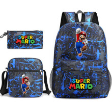 (Dark blue, Three piece set) Super Mario Game Character Backpack Pencil Case Shoulder Bag 3-in-1 Canvas School Bag Student Backpack Multiple Styles