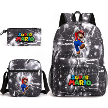 (Dark gray, Three piece set) Super Mario Game Character Backpack Pencil Case Shoulder Bag 3-in-1 Canvas School Bag Student Backpack Multiple Styles