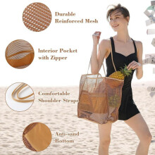 (Pink) Mesh Beach Bag Large Capacity Summer Travel Shoulder Handbag Seaside Vacation Toy Swim Storage Tote