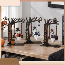 (E) Halloween Ghost Swing Ornament Wooden Reading Ghost Bookshelf Desk Corner Decor Spooky Ambiance Gift