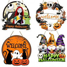 (Halloween 2-01) Halloween Wooden Door Hanger, Party Home Holiday Sign, Wall Plaque Decorative Craft, Vintage Pumpkin Ghost Design, 24x16cm
