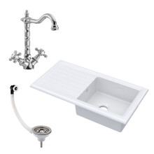 Fireclay 1 Bowl Inset Kitchen Sink & Drainer with Classic Tap, Basket Strainer Wastes, 1010mm - White
