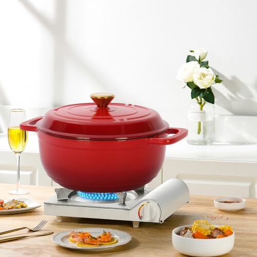Round Casserole Dish Enamel Cast Iron 6QT with Silicone Gloves Deep Gradient Red