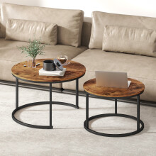 HOMCOM Marble Coffee Table Set of 2, Round Nest of Tables, Rustic Brown