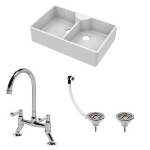 Traditional Fireclay Kitchen Sink Bundle: Double Bowl Butler Stepped Weir, Wastes & Bridge Lever Tap, 895mm - Chrome