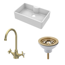 1 Bowl Fireclay Butler Sink with Tap Ledge, Waste & Mono Tap, 795mm - Brushed Brass