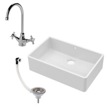 Fireclay 795mm 1 Bowl Butler Kitchen Sink with Overflow - Mixer Tap & Waste - Ceramic Kitchen Sink & Tap