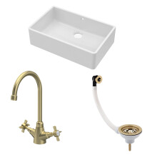 Traditional Fireclay Kitchen Bundle: 1 Bowl Butler Sink with Overflow, Waste & Mono Crosshead Tap, 795mm - Brushed Brass