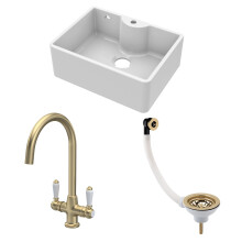 Traditional Fireclay Kitchen Bundle: Single Bowl Butler Sink and Overflow & Tap Hole, Waste & Lever Mixer Tap, 595mm - Brushed Brass