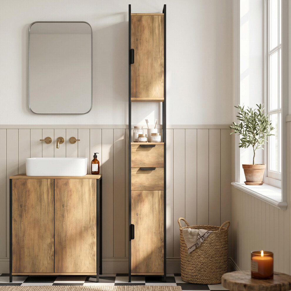 Homcom Freestanding Bathroom Cabinet With Drawers And Shelves, Brown