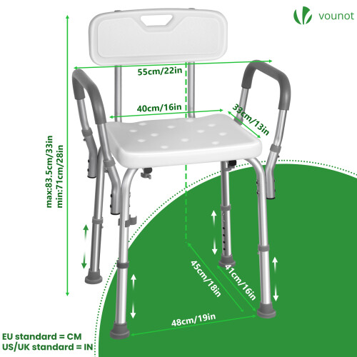 VOUNOT Adjustable Shower Stool w/Backrest & Armrests, Max Load 136 kg, White 2