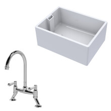 Traditional Fireclay Kitchen Bundle: 1 Bowl Belfast Sink with Bridge Mixer Tap, Waste, 615mm - Chrome