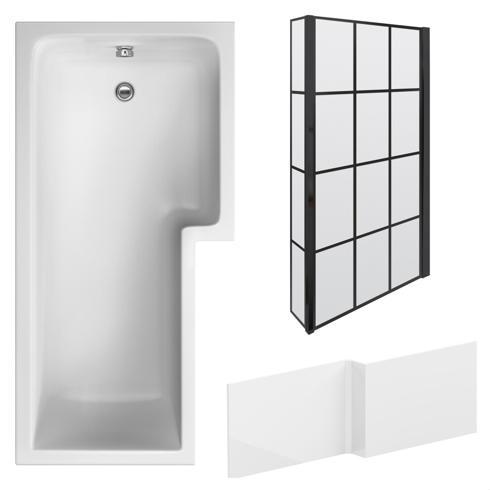 Photos - Bathtub L Shape 1700x850 Shower Bath Set - Front Panel & Black Grid Fixed Return Screen, Right Hand BBZSS020