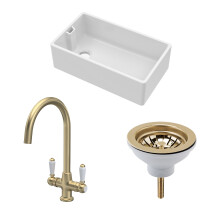 Traditional Fireclay Kitchen Bundle: 1 Bowl Belfast Sink with Strainer Waste & Mono Lever Tap, 795mm - Brushed Brass