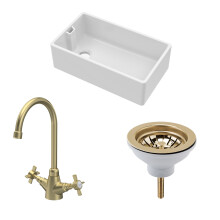 Traditional Fireclay Kitchen Bundle: 1 Bowl Belfast Sink with Strainer Waste & Mono Crosshead Tap, 795mm - Brushed Brass