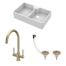 Traditional Fireclay Kitchen Bundle: Double Bowl Stepped Weir Butler Sink with Wastes & Mono Lever Tap, 895mm - Brushed Brass