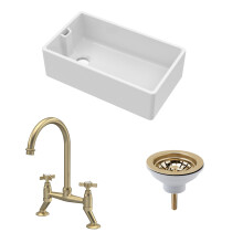 Traditional Fireclay Kitchen Bundle: 1 Bowl Belfast Sink with Strainer Waste & Bridge Crosshead Tap, 795mm - Brushed Brass