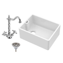 Fireclay 595mm 1 Bowl Belfast Butler Kitchen Sink with French Classic Tap & Waste