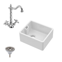 Fireclay Kitchen Bundle - Compact 460mm Belfast Sink with Overflow, Strainer Waste & French Classic Kitchen Mixer Tap by Balterley