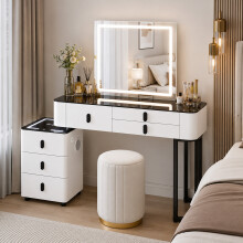 LED Dressing Table Set Mirror Drawers Stool White