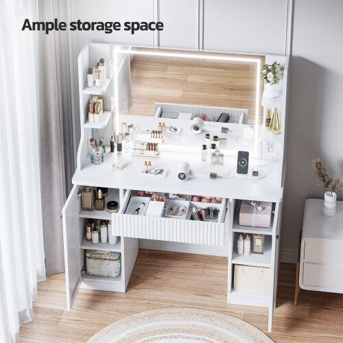 Vanity Desk with LED Lighted Mirror, Drawers & Side Storage Cabinets 2