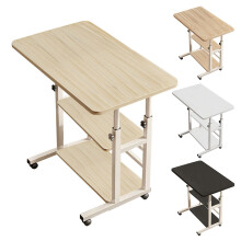 60x37cm Height Adjustable Mobile Side Table Rolling Laptop Desk, 3-Tier, Natural Wood