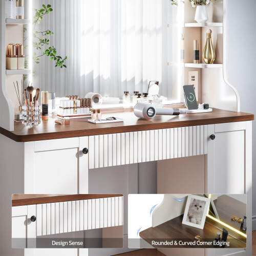 Vanity Desk with LED Lighted Mirror, Drawers & Side Storage Cabinets 1