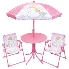 Gartenmöbel - FUN HOUSE - Einhorn Gartenlounge: Tisch H.46 x 46 cm, 2 klappbare Stühle, Sonnenschirm H.125 x 100 cm