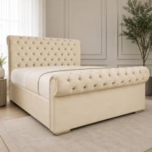 (Black (No Mattress), 3ft Single (No Gaslift)) Scroll Sleigh Double Bed Frame Velvet Upholstered with Mattress & Ottoman Gas Lift Storage option Hand Made UK