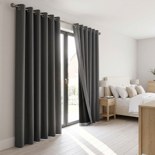 (Dark Grey, 66'' x 72'' (PAIR)) BLACKOUT EYELET CURTAINS READY MADE PAIR+2 TIEBACK