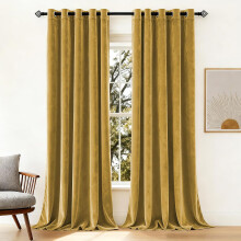 (Ochre, 66 x 72 in (5.5ft x 6ft)) Crushed Velvet Eyelet Curtains - Readymade Lined Drapes for Bedroom & Living Room