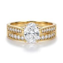 (M) Jewelco London Ladies Solid 9ct Yellow Gold Oval CZ Wed-fit Engagement & Half Eternity Travel Bridal Rings Set - JRN599+609