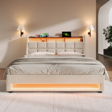 (Beige, Super King) Roomfitters Bed Upholstered Ottoman Bed Frame with Smart RGB LED Lighting USB Type-C, Hydraulic Storage Bed Frame