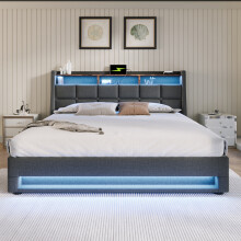 (Grey, Double) Roomfitters Bed Upholstered Ottoman Bed Frame with Smart RGB LED Lighting USB Type-C, Hydraulic Storage Bed Frame
