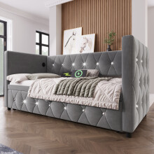 (Grey) Roomfitters Single Daybed Upholstered Sofa Bed with Pull Out Trundle, Velvet Bed Frame with Diamond Tufted Headboard