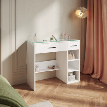 Elegant Dressing Table with Glass Top, 2 Drawers, Makeup Organiser Drawer, Bedroom Vanity Table, White, 90 x 40 x 77 cm