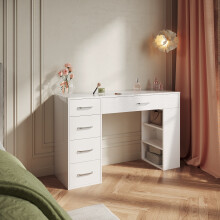 Elegant Large Dressing Table with 5 Drawers, Makeup Organiser Drawer & 3 Open Shelves, White, 120 x 40 x 77 cm