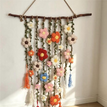 Handmade Crochet Flower Vine Wall Hanging, Boho Floral Wall Art for Home Bedroom Decor
