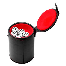 Leather Dice Cup with Lid & Storage Compartment, Includes 5 Dice Quiet Lined Interior, for Yahtzees Bar Party Etc