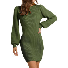 Women's Knitted Sweater Dress Elastic Mini Green S — winter tunic dress, long sleeve jumper, high neck knitwear